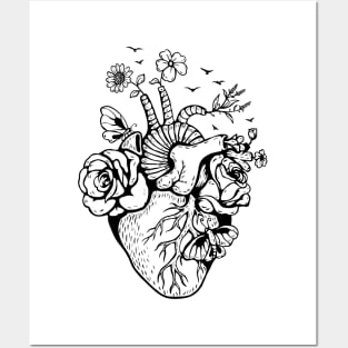 Anatomical Black and white heart witl flowers Posters and Art